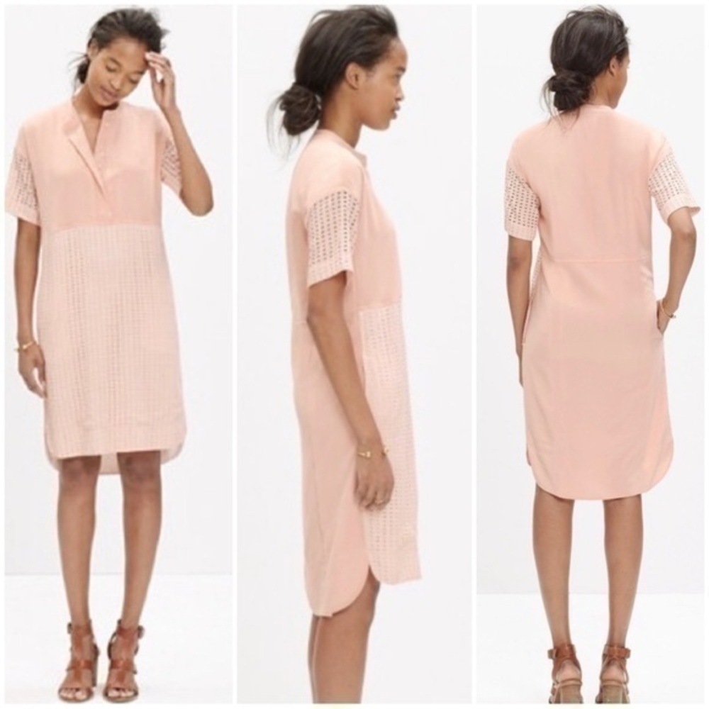 Madewell Eyelet Mixed Silk Short Sleeved Tunic Shirt Dress in Petal Pink Small